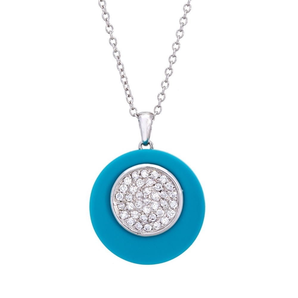 Turquoise Enamel Disc Pendant Necklace in Sterling Silver with pave CZ